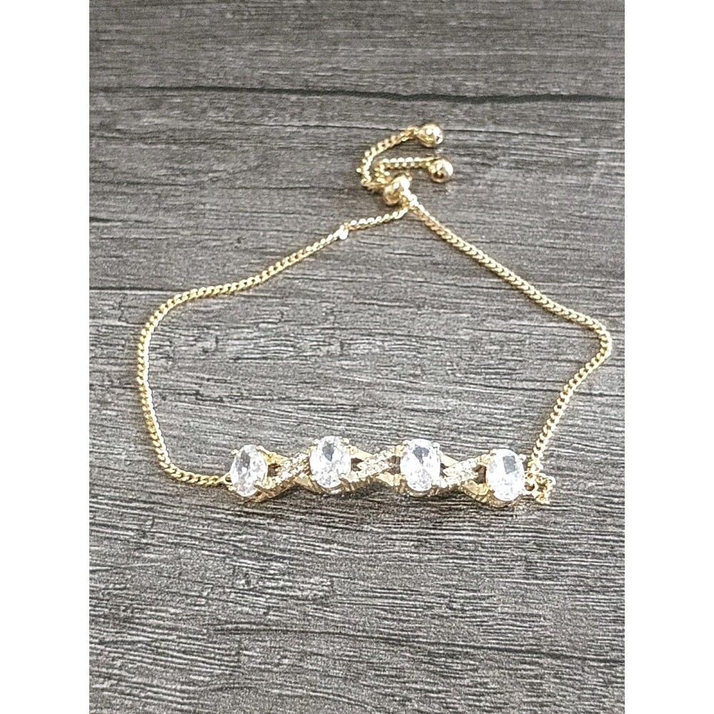 Oval Crystal Criss Cross Rhinestone Gold Tone Adjustable Bracelet